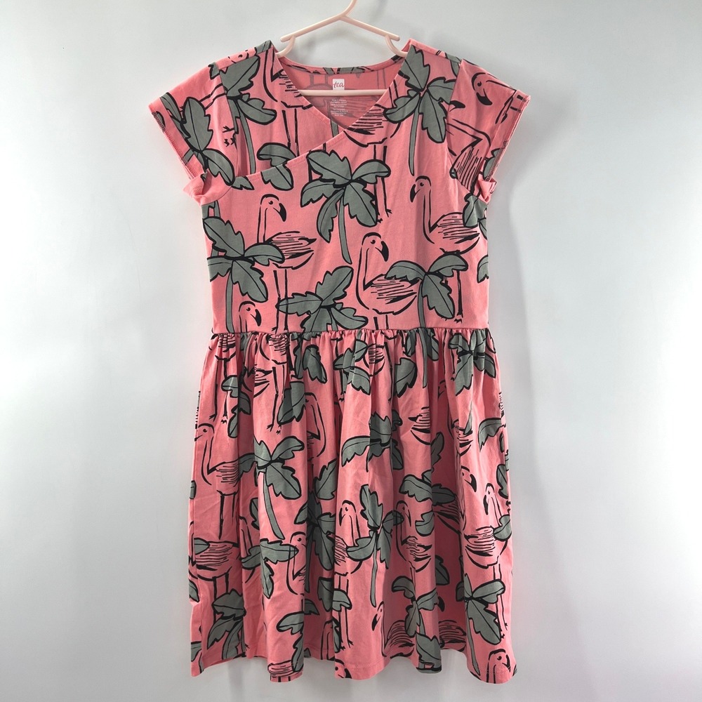 Tea Collection Dress Girls 10 Pink Flamingo Tropical Cotton Summer Palm Tree